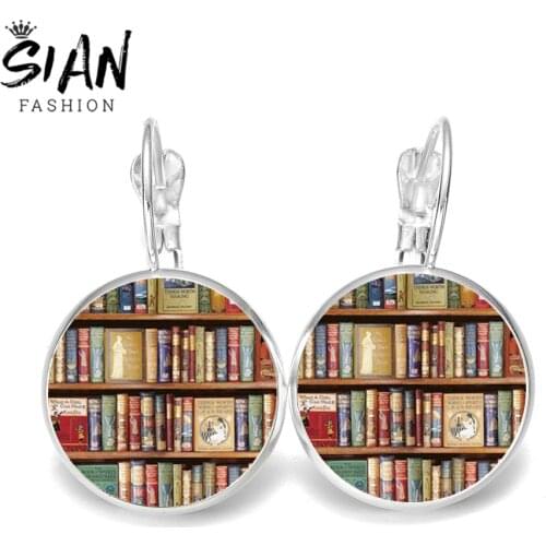 SIAN Retro Books Photo Earrings Pet Cat Book Lovers Glass Cabochon French Hook Earring Librarians Students Teacher Gift Jewelry