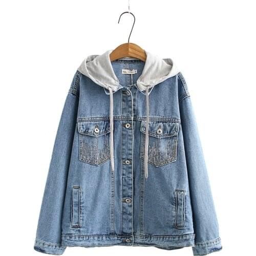 Vintage Casual Denim Jacket Women Hong Kong Hooded Oversize Pocket Sequin Long-Sleeve Basic Coat Tooling Spring Autumn Outerwear