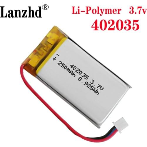 3.7V 250mAh 402035 Lithium Polymer LiPo battery with JST for Handheld GPS Mp3 bluetooth Xiaomi Yi smart dash camera DVR 042035