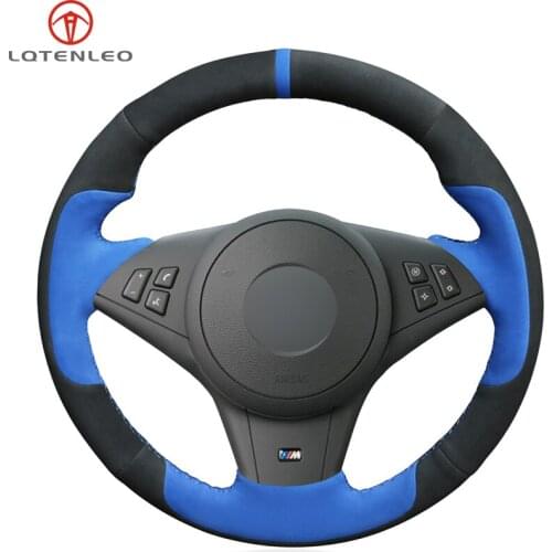 LQTENLEO Hand Car Steering Wheel Cover Black Blue Suede For BMW M5 E60 E61 (Touring) 2005-2010 M6 E63 (Coupe) E64 2005-2010