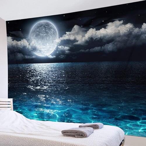 Night Sky Tapestry Full Moon on Sea Wall Hanging Fantasy White Cloud Watercolor Wall Art for Bedroom Living Room Dorm Wall Decor