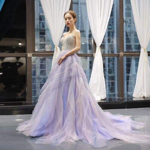 New Arrival 2020 Romantic Women Evening Dress Beaded And Applique A-Line Ball Gown Floor Length Spaghetti Strap Tulle Party Gown