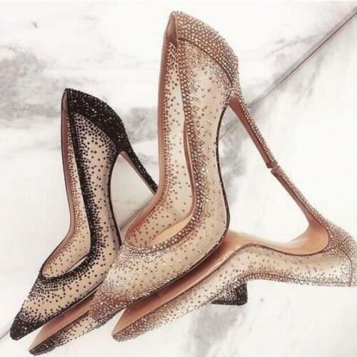 Luxury Crystal Embellished Wedding Shoes Bride Women Pointed Toe Stiletto Heel Lady Party Dress Shoes Glittering Mesh Lace Shoe