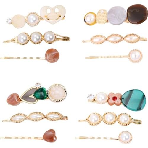 3Pcs/Set Stylish Women Faux Pearl Rhinestone Bangs Hairpins Barrette Hair Clips Metal hair pins hairstyle accessories girl stone