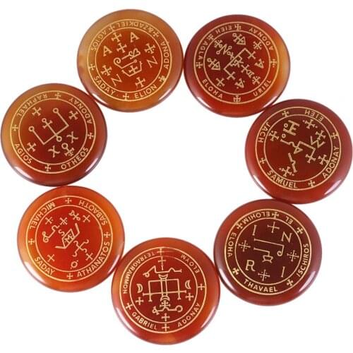 TUMBEELLUWA 1Lot (7Pc) Round Carnelian Palm Stone Engraved Magic Archangel Symbol Chakra Healing Crystal Set