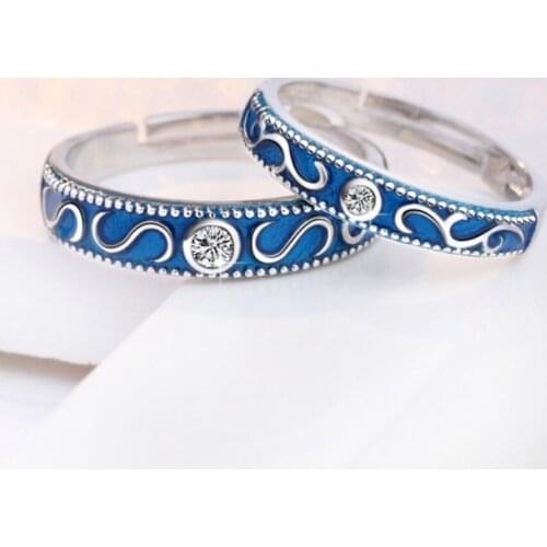 Sole Memory New Creative Couple Sweet Romantic Retro Zircon Blue Dripping Glaze 925 Sterling Silver Opening Rings SRI277