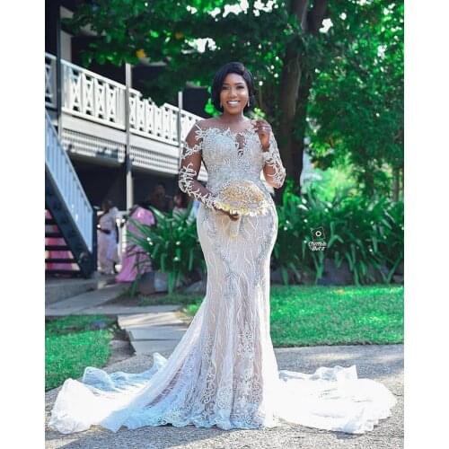 High Quality Mermaid Illusion Open Back Beads Crystal Country Bridal Gowns Long Sleeves African vestidos de nov