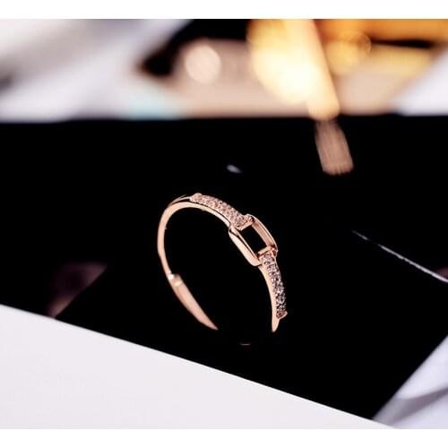YUN RUO Rose Gold Color Fashion Titanium Steel Mosaic Zircon Crystal Geometric Wedding Ring Woman Jewelry Engagement Never Fade