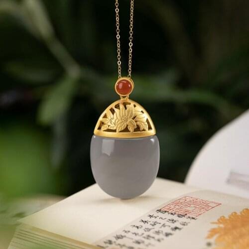 Original S925 Sterling Silver Gold-Plated Natural Hetian Jade Smokey Violet Hollow Lotus Ladies Clavicle Chain Necklace Pendant