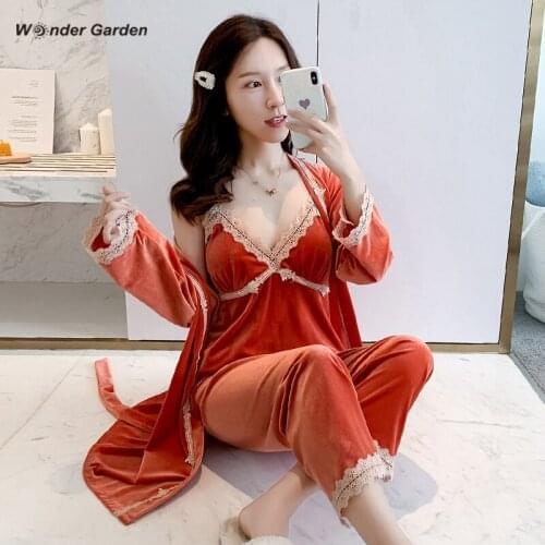 Wonder Garden Fshion Velvet Pajamas Set Woman Warm Sleepwear Letter Printing Casual Three-piece Suit Fall Winter Belt Nightwear