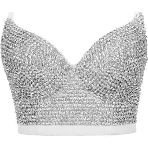 Y166 Women Glitter Diamond Rhinestone Push Up Bra Bustier Underwire Padded Spaghetti Strap Camisole Sexy Punk Corset Crop Top