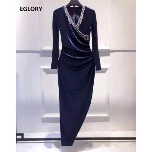 Luxury Dress New 2021 Spring Party Elegant Women V-Neck Tassel Beading Deco Long Sleeve Midi Bodycon Velvet Dress Female XXL