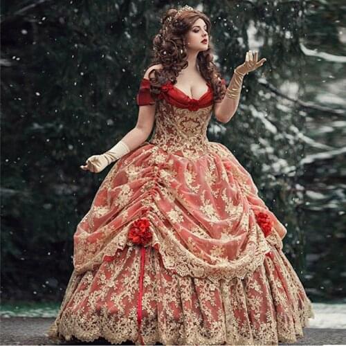 Gothic Red Gold Ball Gown Prom Dress 2021Off Shoulder Medieval Victorian Quinceanera Dress Corset Renaissance Evening Gowns