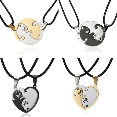 1 Pair Splice Cat Couple Necklace Stainless Steel Love Heart Round Pendant Necklace Valentines Day Gift