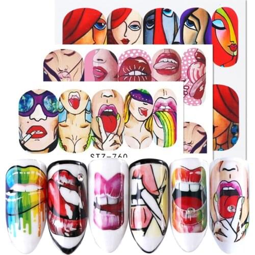 1pcs Sexy Cool Girl Nail Art Water Transfer Stickers Heart Lip Gun Sliders Cartoon Rose Women Colorful Manicure Tip NLSTZ756-921