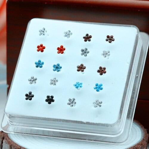 20pcs/Box Silver Plated Earrings Flower Multicolor Crystal Inlay Nose Nails Ring Piercing Jewelry Gifts