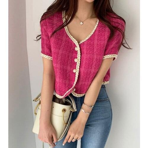 2021 Summer New Elegant Retro Short Korean Plaid Tweed Cardigan Women Fashion Short-Sleeved Thin Short Jacket Female Elegant Top