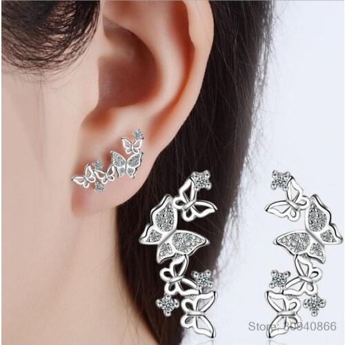 925 Sterling Silver Stud Earring Crystal Butterfly Earrings For Women Rose Gold Korea Jewelry 2020 New