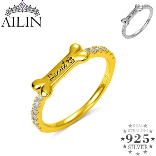 AILIN 2020 18K Gold Plated Personalized Rings Women 925 Sterling Silver Pet Dog Bone Name Ring With Paw Custom Jewelry Gifts