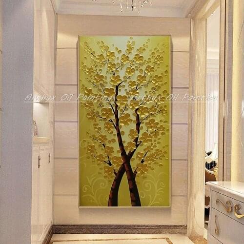 Arthyx Hand Painted Modern Knife Golden Fortune Tree Oil Painting On Canvas Abstract Art Wall Picture For Living Room Home Decor