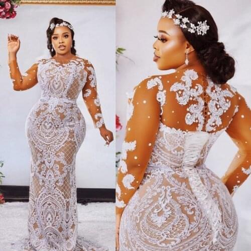Aso Ebi Mermaid Wedding Dresses Bridal Gowns Jewel Neck Long Sleeves White Lace Appliques Beads Corset Back Plus Size robe de ma