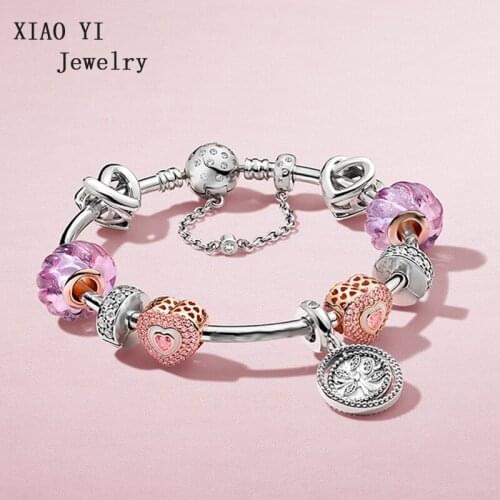 XIAOYI 100% S925 Pink crystal glaze love tong Qu tree fashion string ornaments high quality bracelet female