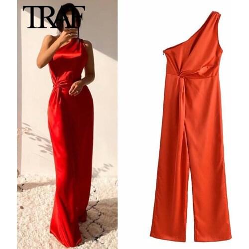 Traf Za Women Clothing Fashion Vintage Side Zipper Red Satin Pants Sexy Summer One Shoulder Jumpsuits Wide Leg Trousers Mujer