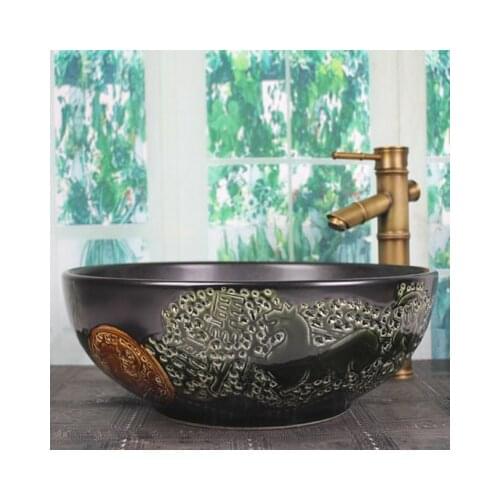 Bathroom Artistic Ceramic Vessel Sink Bowl With Faucet & Pop-up Drain Combo AB214