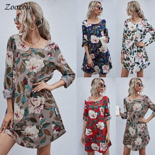 Leaf Print Plus Size Loose O Neck Long Sleeve Dress Casual Leaf Flower Print Plus Size 3XL 4XL Dress Summer Knee Length Dresses