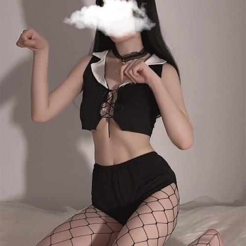 2021 Sexy Lingerie White Lapel Waistcoat Hollow Top Stretch High Waist Shorts Cat Girl Cosplay Two-Piece Suit Uniform Temptation