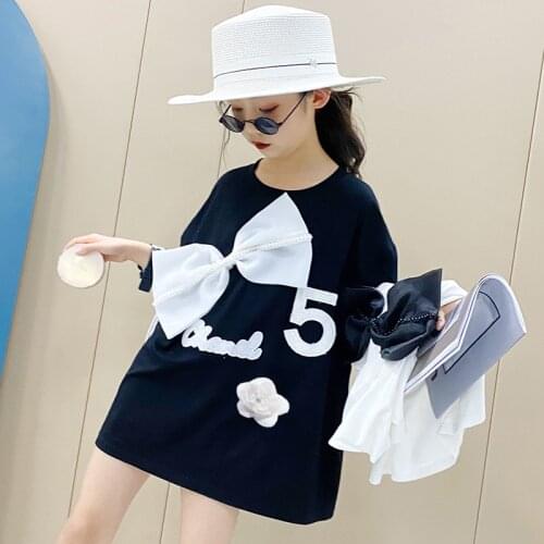 Baby Girl Fashion Bow Short-sleeved T-shirt 2021 Summer New Big Kids Loose Wild Round Neck Bottoming Shirt Childs Clothes