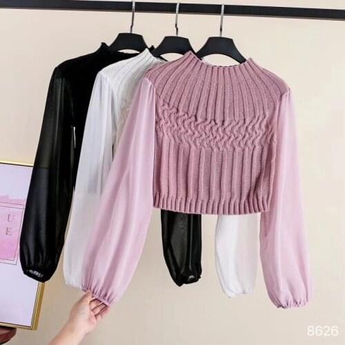 Fashion Women Sweater Chiffon Lantern Sleeve Brief Knitwear Solid Knitted Tops