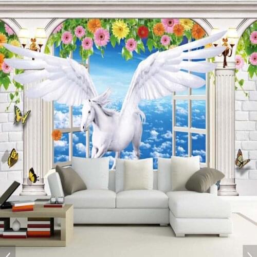 3D Window Stereo White Flying Horse Wallpaper Mural Art Wall Wallpaper Murals Bedroom HD Printed Animal Flower Wall Paper Roll