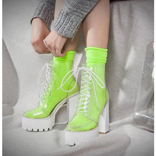 New Designer Clear PVC Transparent Runway Boots Lace-up Square Heel High Platform Socks Boots Shoes Thick Sole Chunky Heels