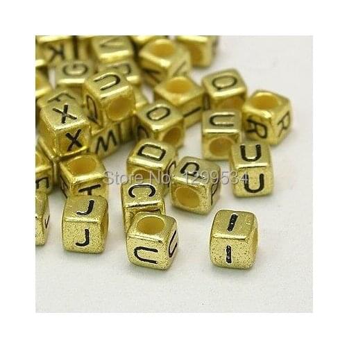 Wholesale 200Pcs/lot 6mm Random Mixed Cube Acrylic Letter Beads Gold Color Jewelry Making Beads Accessories Craft DIY Beads