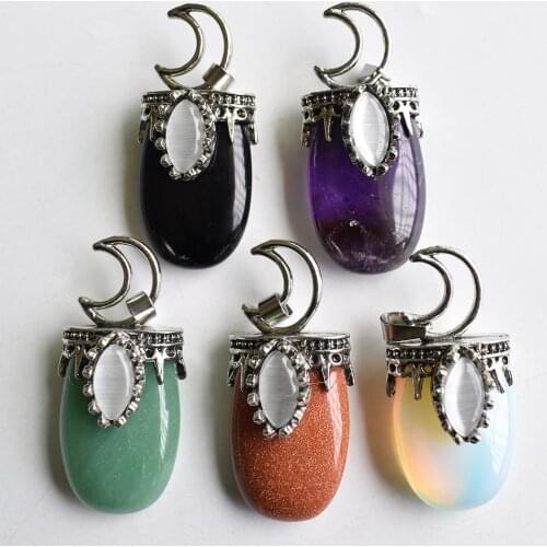 Natural Stone Crystal Pendants Necklace Antique Silver Color Amethysts black onyx for jewelry making Moon Charm Gift 5pcs