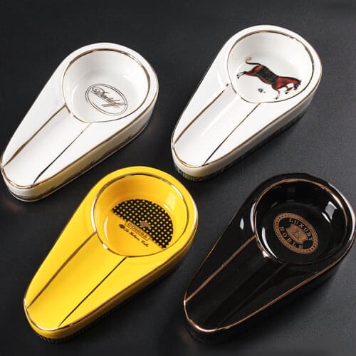 COHIBA Cigar Gadgets Ceramic Cigar Ashtray Single Cigar Holder Round Ash Slot 4 Colors Yellow Tobacco Cigarette Ashtray Gift Box
