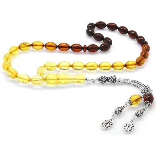 Tesbihane 925 Sterling Silver Tassels Barley Cut Filtering Red-Yellow Drop Amber Prayer Beads
