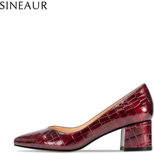 SINEAUR Women Shoes Fashion Low Mid-heel Pumps Chunky Heels Pointed Toe Crocodile Print PU Elegant Office Ladies Plus Size 35-45