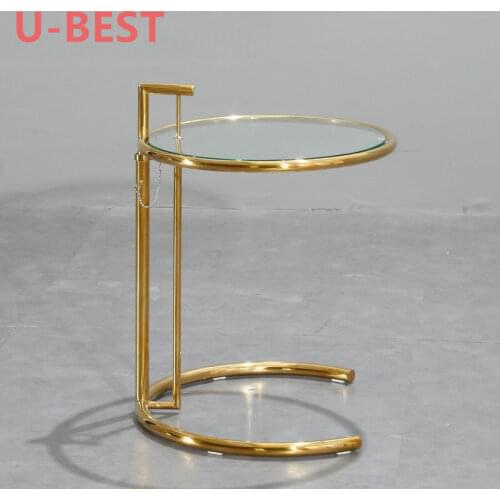 U-BEST Modern Home Furniture Replica Adjustable Height Eileen-Gray Coffee Table, Stainless Steel Tempered Top Glass Side Table