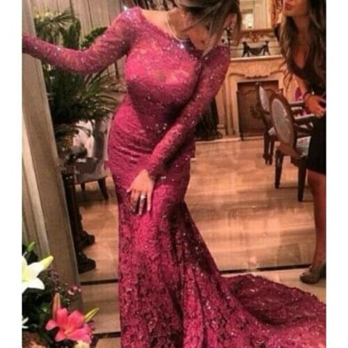 Burgundy Muslim Evening Dresses Mermaid Long Sleeves Lace Beaded Islamic Dubai Saudi Arabic Long Evening Gown Prom Dress