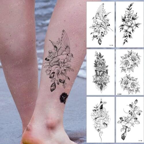 Waterproof Temporary Tattoo Sticker Hummingbird Flower Peony Rose Black Tatoo Leg Arm Fake Tatto Woman Man Child Flash Tattoos