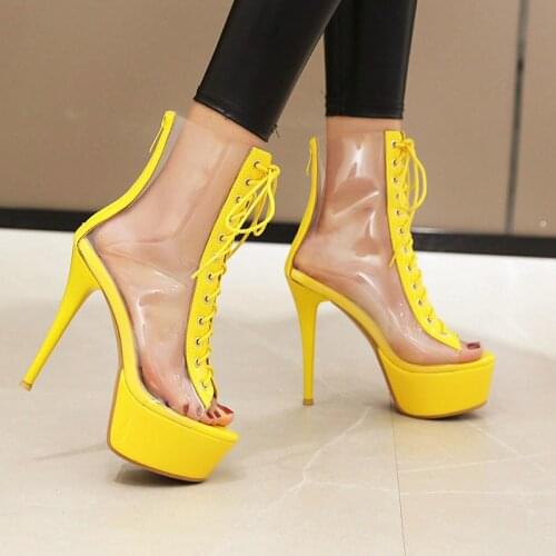 2021 Transparent PU Leather Summer Women Ankle Boots Fashion Peep Toe Thin High Heel Women Summer Shoes Cross Tied Platform Shoe