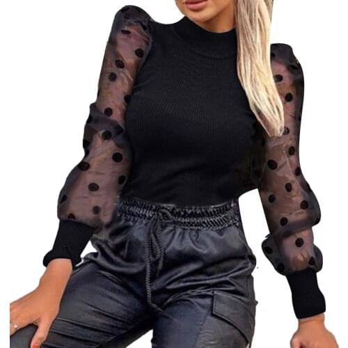 2019 Casual Dot Print Mesh Puff Sleeve Transparent Knitted Sweater Pullover Fall Winter Women Turtleneck Sweater Top