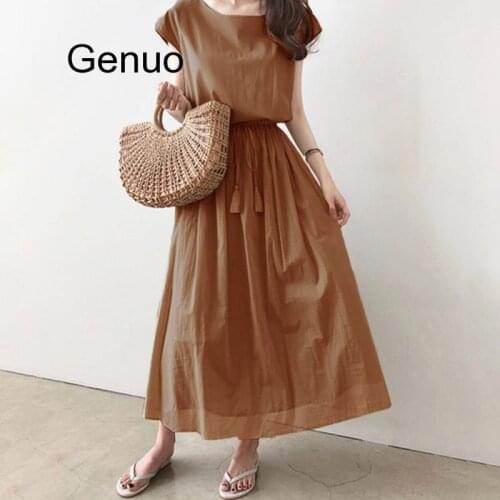 Woman Boho Long Dress 2020 Summer Fashion Korean Causal Beach Maxi Dress Solid Black Swing Japanese Korean Style Dresses