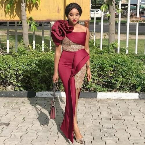 Aso Ebi Mermaid Prom Dresses African Lace Ruffled Burgundy Evening Dress One Shoulder High low Chic Women Party Gowns Plus Size