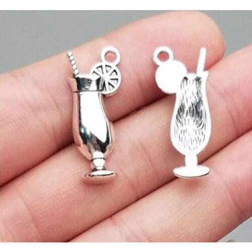 6pcs 28x12mm Drink Chams Plated Cold Drink Cup Charms Antique Silver Color Tone Pendant Diy Handmade Jewelry Making Supplies
