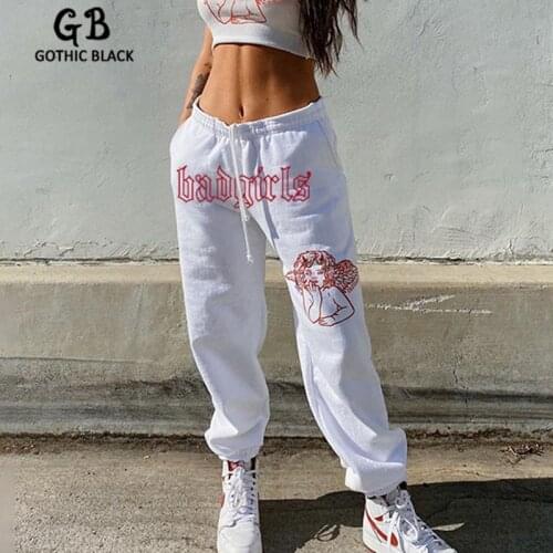 Gothblack Casual Loose Angel Letter Print Trousers Women Fashion High Waist White Straight Pants Autumn Slim Streetwear Bottoms