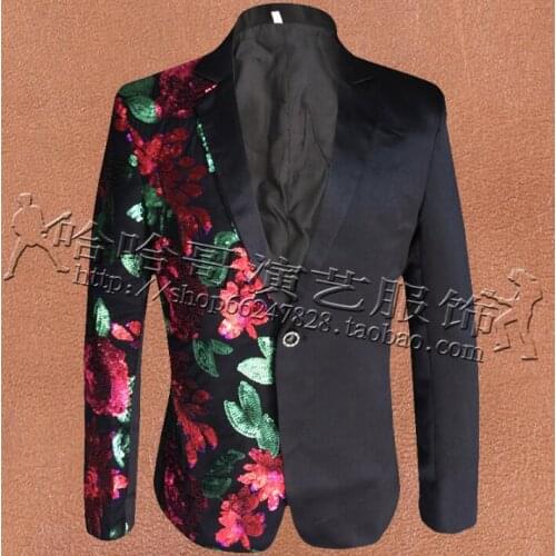 Rose sequins suits designs masculino homme terno stage costumes for singers mens blazer dance clothes jacket star style punk