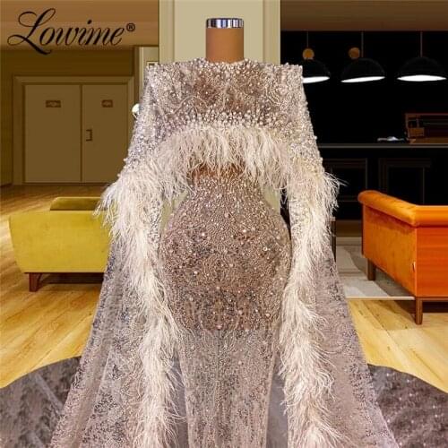 Lowime Dubai Cape Sleeves Beaded Evening Dresses Elegant Long Prom Dress 2021 Abendkleider Plus Size Sequined Party Gowns Custom